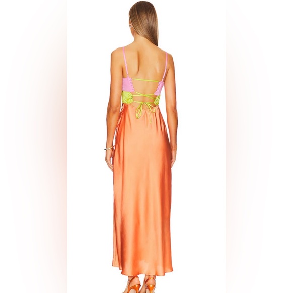 SHOW ME YOUR MUMU NEW Calloway Cut Out Dress‎ Cantaloupe Luxe Satin Maxi Large - Picture 2 of 14